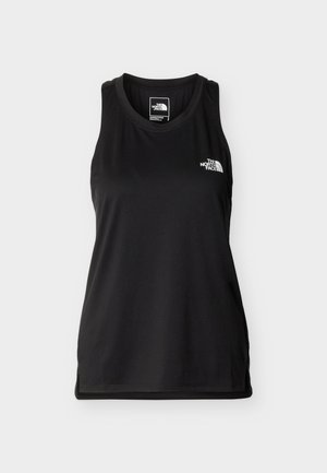 Schwarzes ärmelloses Sport-Tanktop mit rundem Ausschnitt und weißem "The North Face"-Logo auf der oberen linken Brustseite.