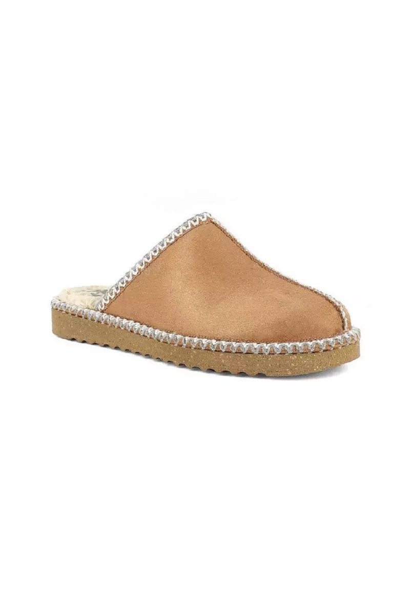 Pantofole slip-on in suede beige con una punta arrotondata. Presentano un bordo decorativo cucito e una suola in sughero testurizzata per una maggiore aderenza.