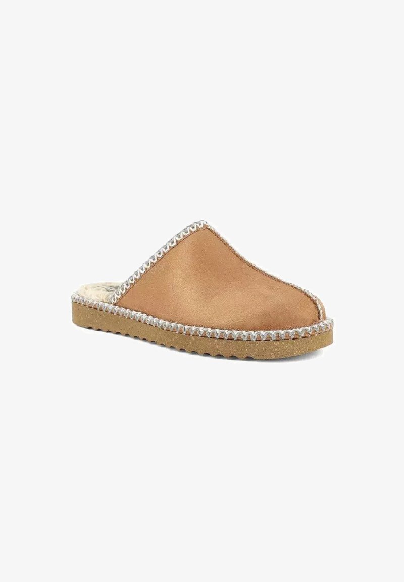 Pantofole slip-on in suede beige con una punta arrotondata. Presentano un bordo decorativo cucito e una suola in sughero testurizzata per una maggiore aderenza.