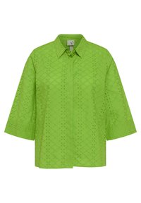 Blusa in cotone verde con chiusura a bottoni sul davanti, maniche a 3/4 e motivo a diamante ricamato con ritagli circolari.