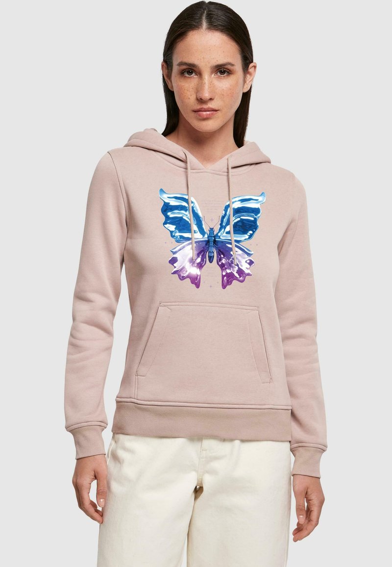 Felpa leggermente rosa con una grande grafica di una farfalla blu e viola sul davanti. Presenta una tasca frontale e un cappuccio con cordino. Tessuto morbido.