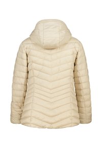 Veste doudoune beige clair avec capuche, présentant un motif en chevrons matelassé, des manches longues et des poignets élastiqués pour un ajustement parfait.