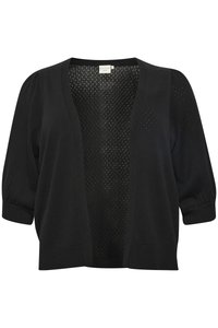 Cardigan noir à coupe ample, à l'avant ouvert, avec des manches courtes bouffantes et un motif en tricot texturé. Tissu doux et léger avec un design aéré.
