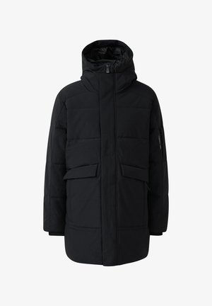 Schwarze Pufferjacke mit hohem Kragen, Reißverschluss und zwei vorderen Taschen. Hergestellt aus strukturiertem, wasserabweisendem Material.