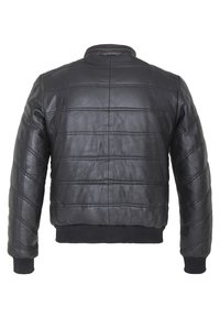 Svart läderbomberjacka med kviltad design, ribbad mudd och nederkant. Bakvy visar slät yta och rena linjer.