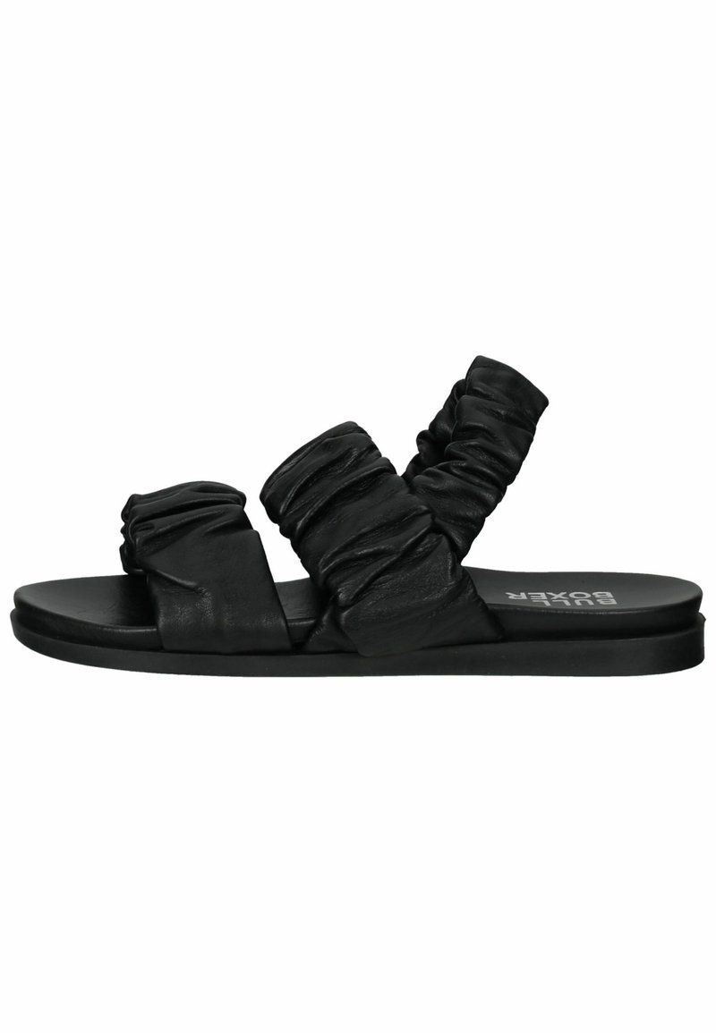 Černé skluzavky s vrásčitými koženými popruhy, plochou podešví a minimalistickým designem bez dalšího hardwaru nebo akcentů.