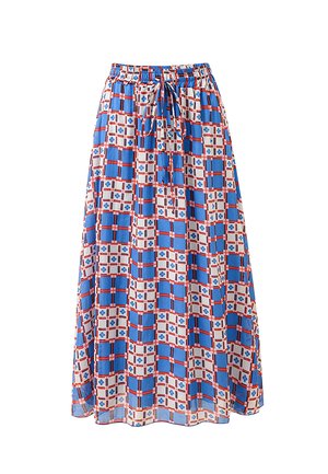 Jupe à carreaux bleue et blanche avec des lignes rouges, motifs floraux, taille élastique et détail de nouage à l'avant.