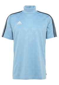 Ljusblå Adidas kortärmad sporttröja med svarta axelremsor och hög krage, med subtila geometriska mönster och Adidas-logotyp på bröstet.