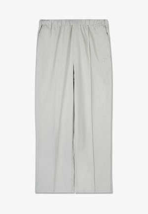 Light gray, lightweight pants with an elastic waistband, featuring front pleats and subtle branding on the side. Smooth texture and straight leg design.