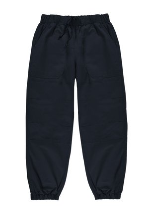 Granatowe spodnie z elastycznym pasem, z dwoma przednimi kieszeniami, zwężanymi mankietami i wzmocnionym szwem. Gładki materiał o luźnym kroju.