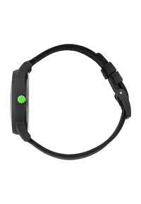 Black wristwatch with a textured strap, featuring a round case, green crown, and simple dial design. Adjustable strap for fit.