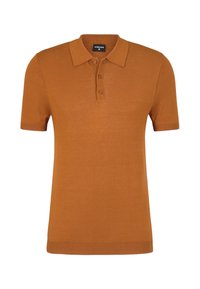 Polo a maniche corte in arancione ruggine, realizzato in tessuto liscio. Presenta un colletto classico, patta con tre bottoni e polsini e orlo a coste.