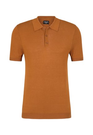 Short-sleeve polo shirt in rust orange, made of smooth fabric. Features a classic collar, three-button placket, and ribbed cuffs and hem.