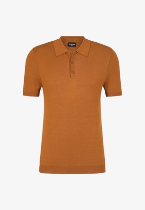 Kurzärmliges Polohemd in rostorange, aus glattem Stoff gefertigt. Besitzt einen klassischen Kragen, eine Knopfleiste mit drei Knöpfen sowie gerippte Bündchen und Saum.