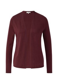 Bordeaux lange mouwen cardigan, open voorkant ontwerp, zachte brei textuur, geen sluitingen, heeft een gladde afwerking.