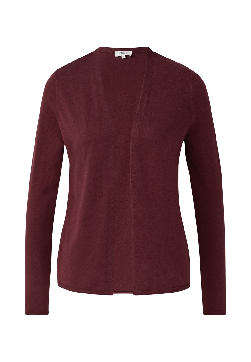Bordeaux lange mouwen cardigan, open voorkant ontwerp, zachte brei textuur, geen sluitingen, heeft een gladde afwerking.