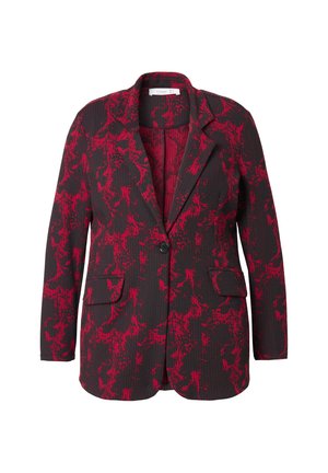 Schwarzes Blazer mit rotem abstraktem Muster, einreihiger Knopfverschluss, zwei Fronttaschen und spitz zulaufenden Revers. Das Material hat eine strukturierte Oberfläche.