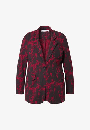 Blazer nero con motivo astratto rosso, chiusura a un bottone, due tasche frontali e rever a punta. Il materiale presenta una finitura testurizzata.
