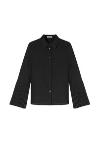 Camicia nera con collo, caratterizzata da maniche plissettate e tessuto liscio. Include sei bottoni sulla parte anteriore e un orlo dritto.