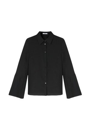 Zwarte knoopshirt met een kraag, met geplooide mouwen en een gladde stof. Inclusief zes knopen aan de voorkant en een rechte zoom.