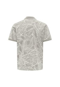 Short-sleeve polo shirt in light gray featuring a white leaf pattern, with a classic collar and a smooth texture.