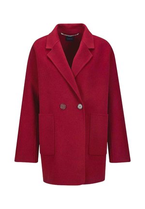 Rote Wollmischung Jacke mit lockerer Passform, Reverskragen, doppelt geknöpftem Vorderteil und zwei aufgesetzten Taschen für funktionale Details.