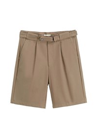 Shorts plissés beige en tissu à finition lisse. Dotés d'un bouton et de passants de ceinture, avec des poches latérales et des bords ourlés.