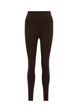 Braune Leggings aus dehnbarem Stoff, mit hohem Bund, figurbetontem Design und glatter Textur. Keine sichtbaren Muster oder Akzente.