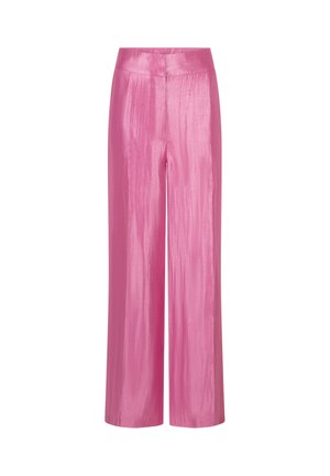 Wijd uitlopende broek van glanzende roze stof. Heeft een gladde textuur en een hoge tailleband. Ontworpen voor een losse pasvorm, geschikt voor casual gebruik.