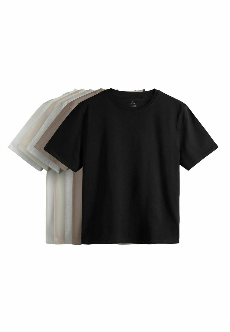 Set von fünf T-Shirts: eines in Schwarz und vier in hellen Farben. Baumwollstoff, Rundhals, kurze Ärmel, glatte Textur, ohne Muster oder Akzente.