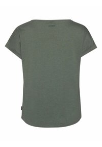 T-shirt uni vert foncé à manches courtes avec un petit logo "protest" près du col à l'arrière.