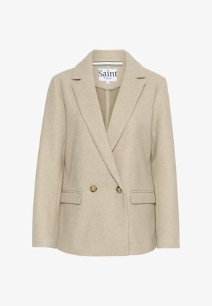 Beige Wollmischungs-Blazer mit doppelter Knopfleiste, schmalen Revers, zwei Vordertaschen und feiner Textur. Mit dem Etikett "Saint Tropez."