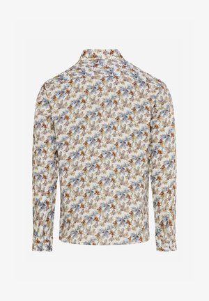 Langärmeliges Hemd mit Kragen und floralem Muster in Blau-, Braun- und Beigetönen auf weißem Hintergrund, Rückansicht.