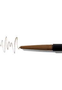 Brązowy eyeliner w ołówku z zakończeniem w szpic, z pokazanym próbnikiem produktu o matowym wykończeniu. Czarna obudowa i brązowe wykończenie.