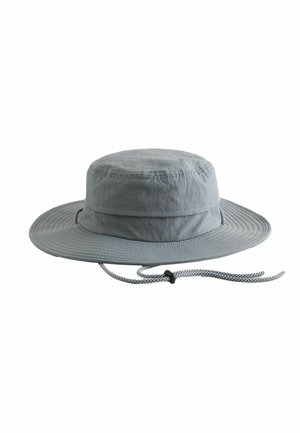 Hellgrauer Sonnenhut mit breiter Krempe, verstellbarem Kinnriemen und Stopper, für den Außeneinsatz konzipiert.