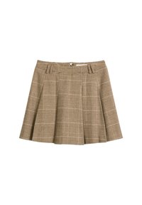 Jupe écossaise brune avec un design évasé, des plis et une taille avec passants de ceinture. Fabriquée en tissu texturé avec un motif à carreaux.
