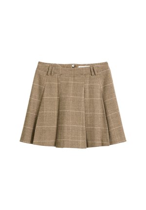 Bruine geruite rok met een vloeiende snit, plooien en een tailleband met riemlussen. Gemaakt van een gestructureerde stof met een ruitpatroon.