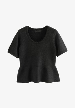 Črna kratkoslotna pulover s krožnim izrezom in peplum robom. Narejen iz mehkega, teksturiranega materiala z rahlo puhastim videzom.