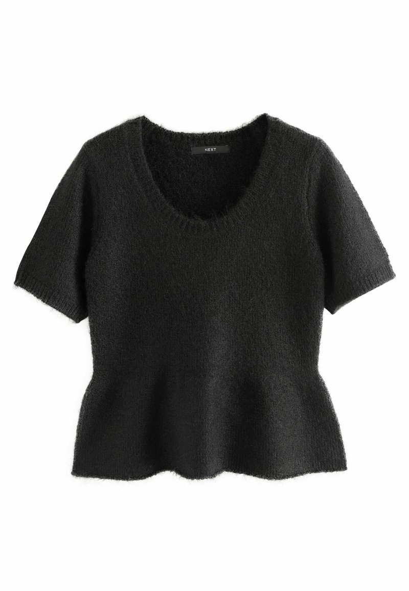 Mustat lyhythihainen neule, jossa on avara kaula-aukko ja peplum-helma. Valmistettu pehmeästä, teksturoidusta kankaasta, jossa on hieman pörröinen ulkonäkö.
