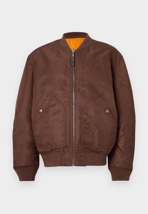Brown bomber jacket made of smooth fabric, featuring a front zipper, two side pockets, and ribbed cuffs and hem. Orange lining visible.