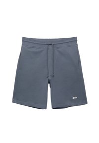 Shorts en coton gris avec une taille élastique, cordon de serrage, poches latérales et un logo blanc sur la jambe gauche. Texture lisse, design décontracté.