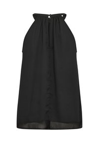 Crni halter top s otvorenim leđima, od mekog materijala, labavog kroja i prozirnog donjeg ruba za slojevito oblikovanje.