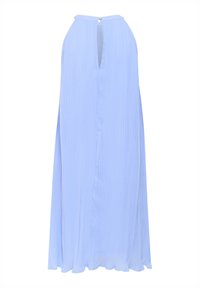 Light blue maxi dress made of textured fabric, featuring a halter neck design, back keyhole opening, and a flowy bottom with scalloped hem.
