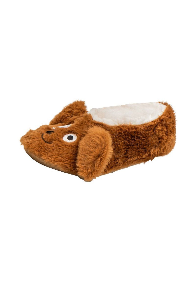 Bruine pluche slof met een hondenontwerp, inclusief hangende oren, ronde ogen en een zachte binnenvoering, wat zorgt voor een gezellige uitstraling en een leuk uiterlijk.