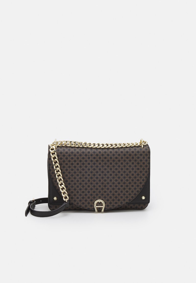 Brown patterned faux leather handbag with gold chain strap, black accents, curved flap, and gold-tone hardware detail.