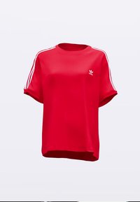 Red short-sleeved t-shirt made of smooth fabric, featuring white three-stripe accents on sleeves and a small logo on the chest.