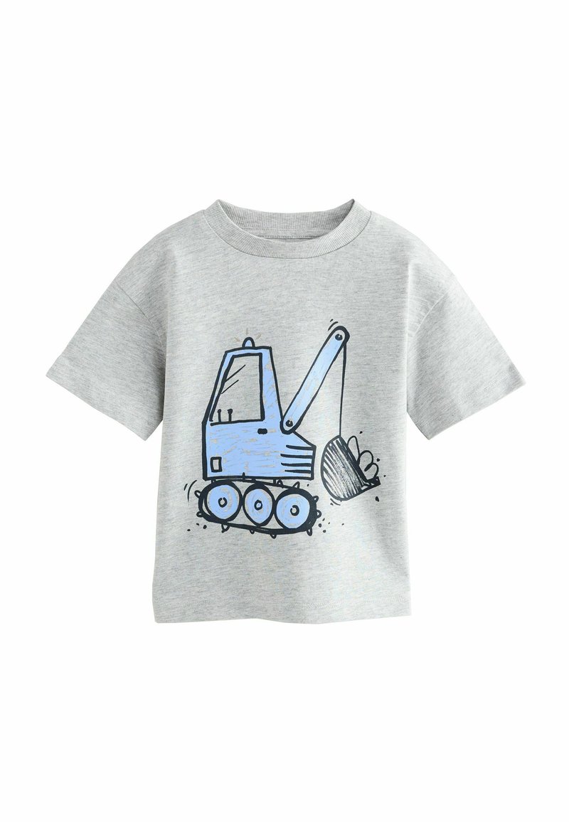 Ljusgrå t-shirt med kort ärm som har en blå grävmaskin grafik med svarta konturer och lekfulla detaljer, tillverkad av mjuk bomull.