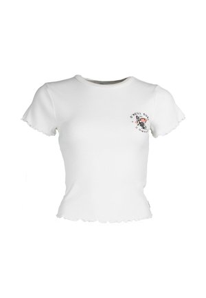 T-shirt blanc à manches courtes avec une coupe ajustée, tissu côtelé texturé et ourlet festonné. Présente un logo imprimé sur le côté gauche de la poitrine.
