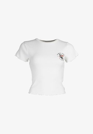 Biele tričko s krátkym rukávom s priliehavým strihom, štruktúrovanou rebrovanou látkou a zaobleným lemom. Na ľavej strane hrudníka je potlačené logo.