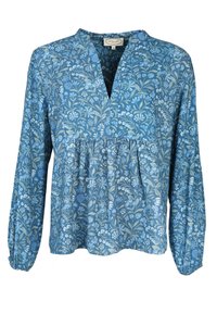 Bluse mit blauem Blumenmuster, V-Ausschnitt, langen Ärmeln und Raffung an der Taille. Hergestellt aus leichtem, strukturiertem Stoff.